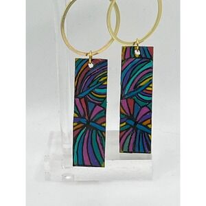 Wood Vintage Style Bar Earrings, Retro Geometric w Gold Hoop, Lightweight Boho